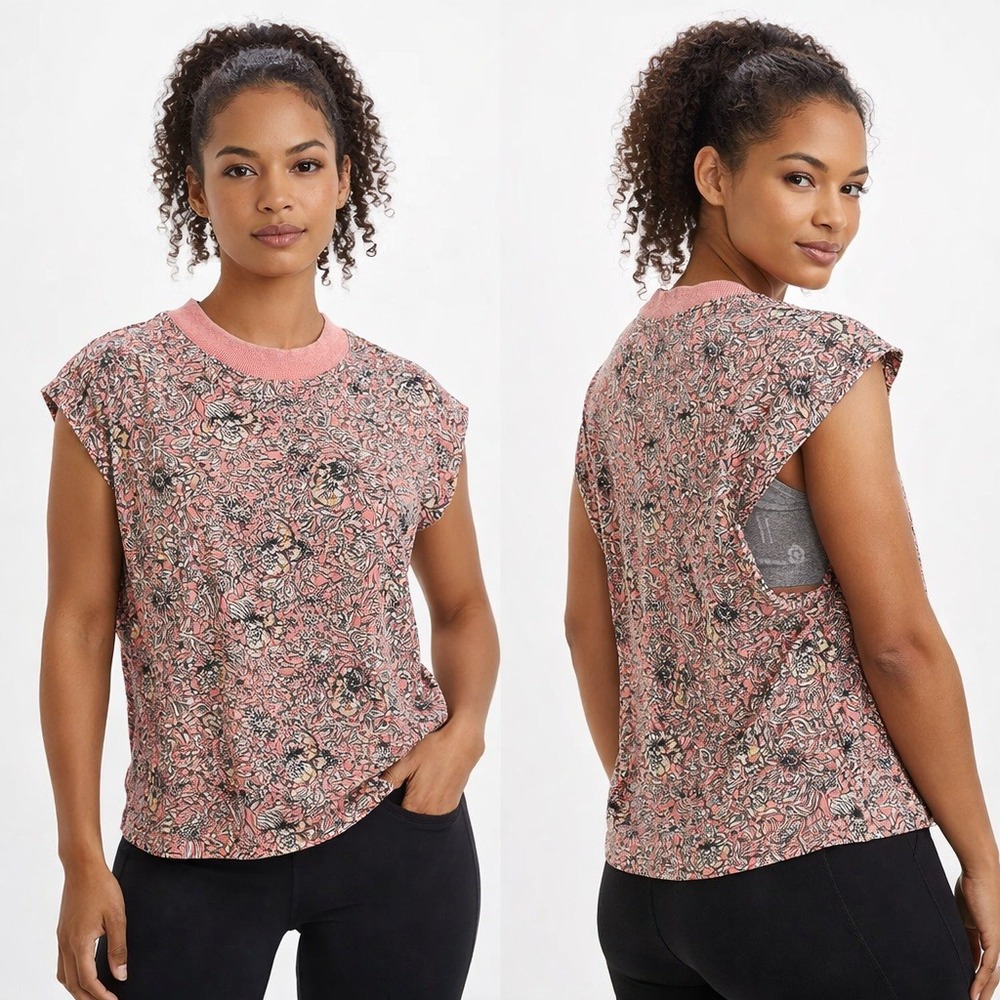 FP Movement Poppy Dreams Floral Muscle T-Shirt Pink 100% Cotton Athleisure Sz M